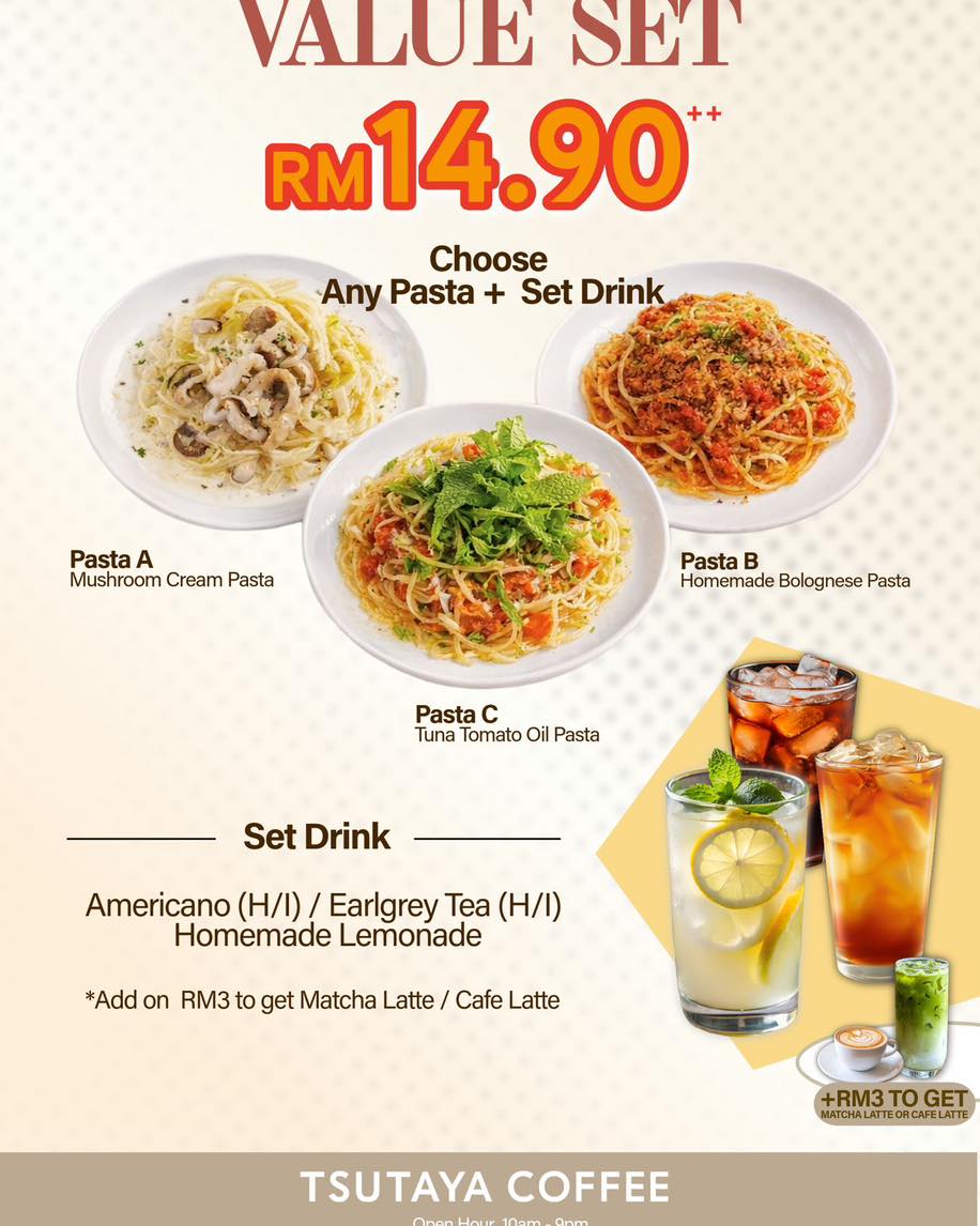 A delicious pasta dish and coffee pairing from Tsutaya Coffee's weekday menu.