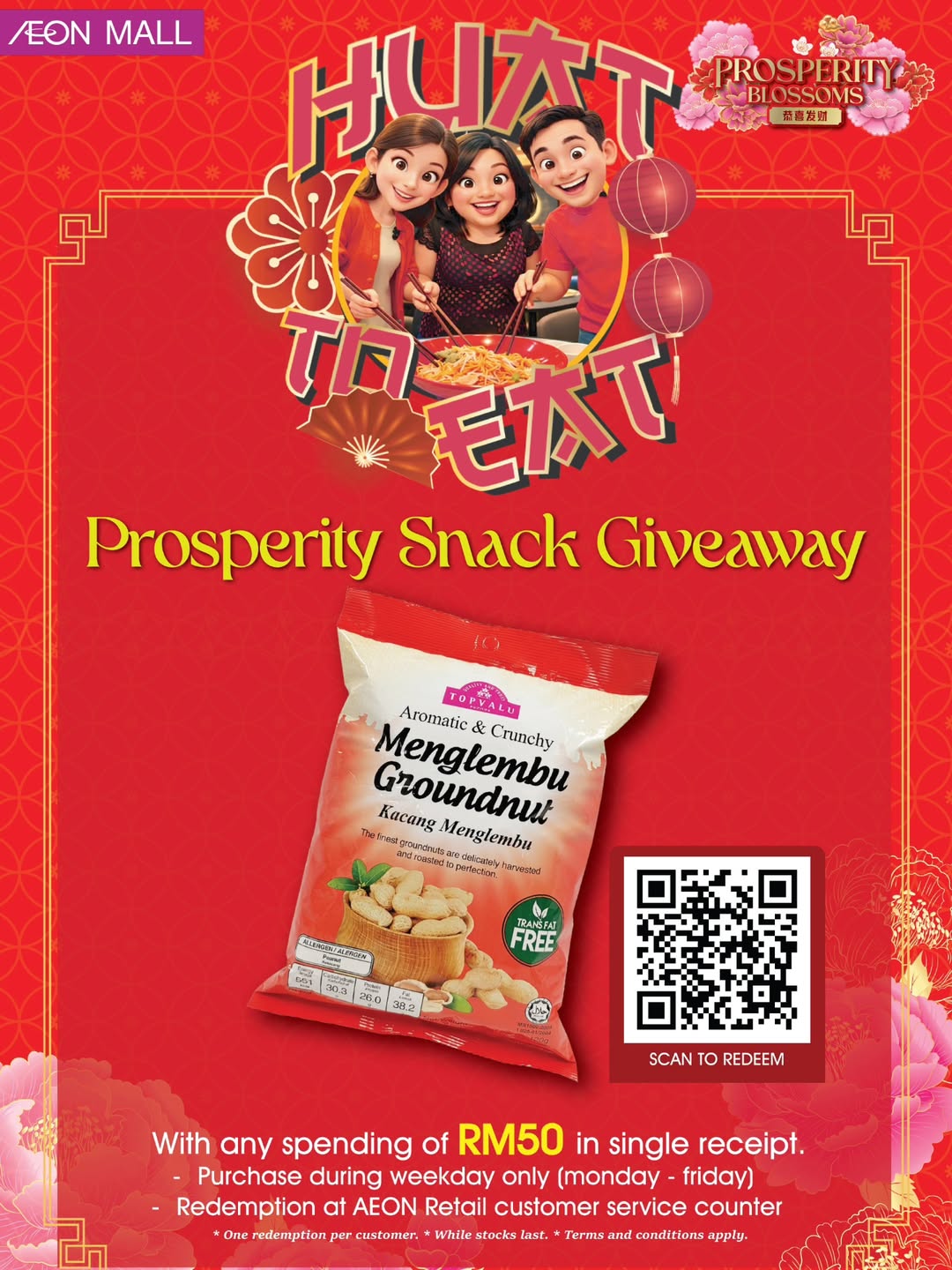 A promotional banner for the AEON Mall Prosperity Snack Giveaway featuring Topvalu Menglembu Groundnuts.