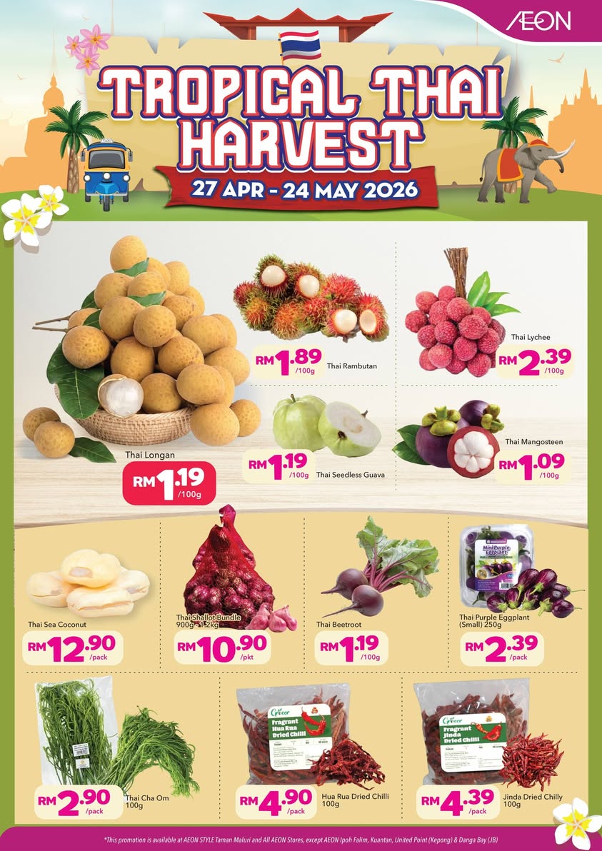 A colorful selection of fresh Thai mangoes and tropical fruits