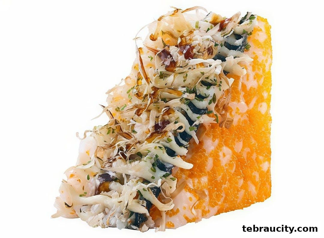 A close-up shot of a delicious sushi roll with various toppings and orange tobiko.