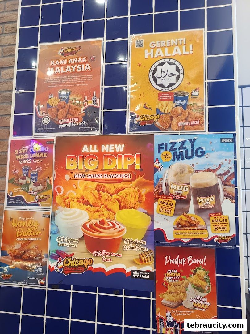 A wall display featuring various promotional posters for Chicago Chicken City's food offerings.