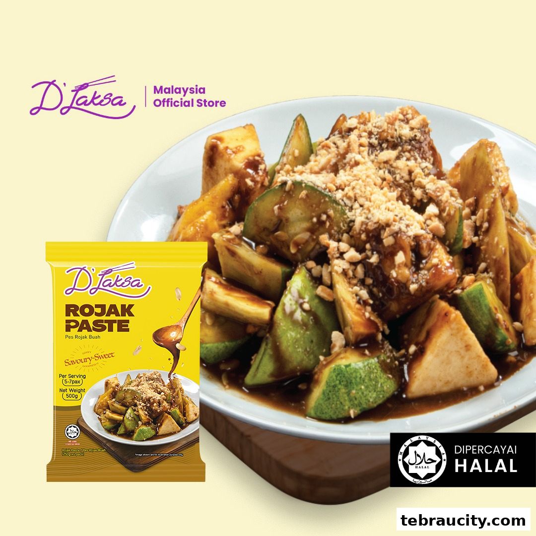 A plate of Rojak with a packet of D'Laksa Rojak Paste and Halal certification.
