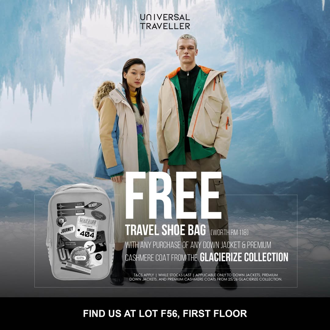 Stylish winter down jacket and cashmere coat from the Glacierize Collection with a travel shoe bag.