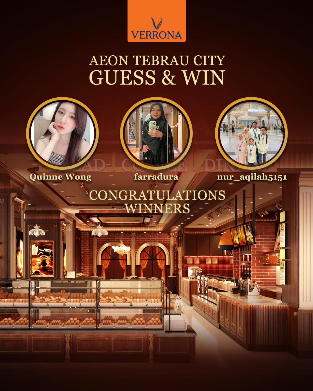 A vibrant image announcing Verrona's new outlet at AEON Tebrau City, featuring bakery items and celebratory elements.