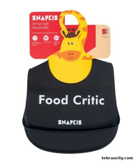 A black Snapkis silicone bib with a giraffe design and 'Food Critic' text.
