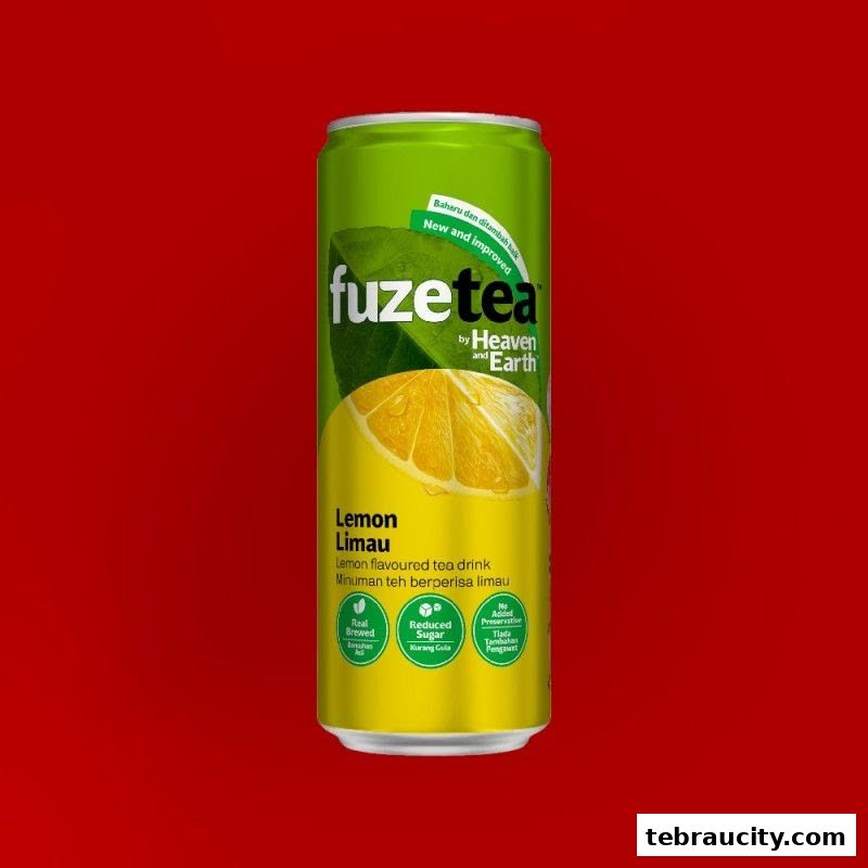 A can of Fuze Tea Lemon Limau with lemon and leaf graphics on a red background.