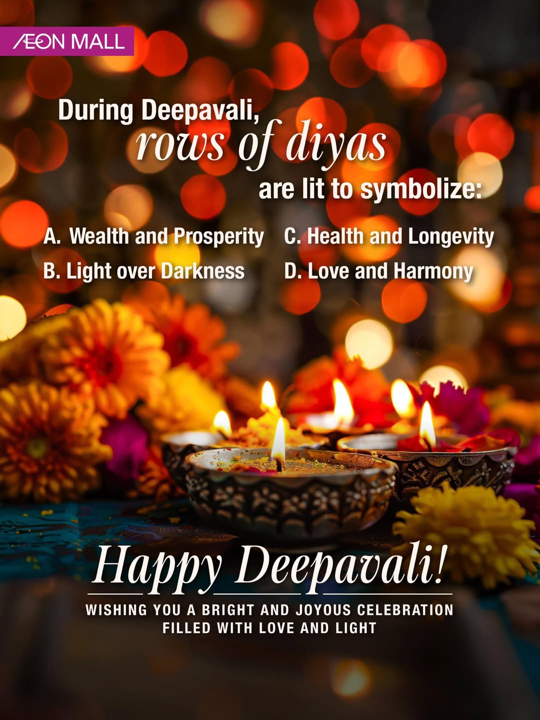 Decorative diyas glowing brightly during Deepavali celebrations, symbolizing hope and festivity.