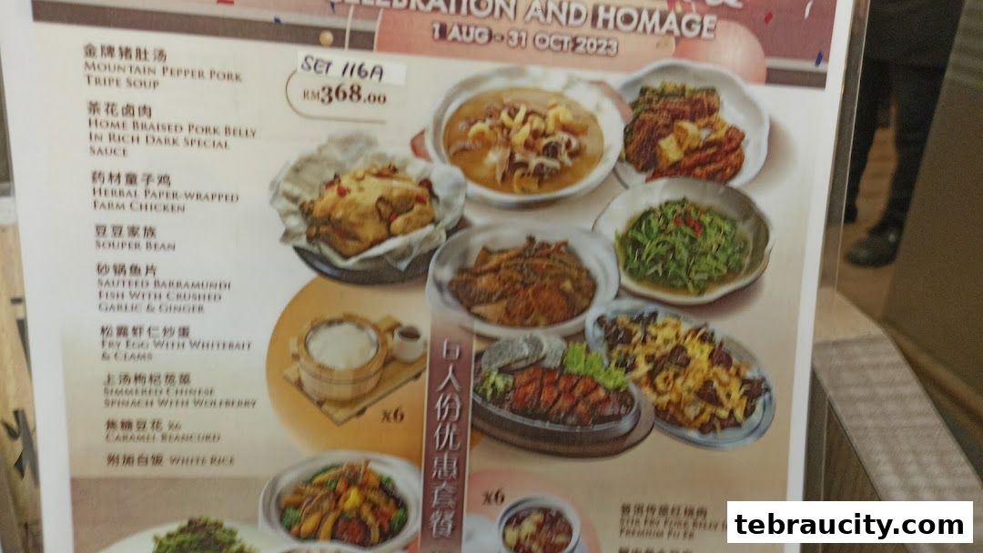 A menu featuring various Chinese dishes and a set meal for RM368.00.