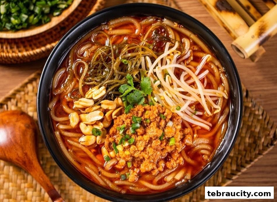 A close-up overhead view of a delicious bowl of noodles with minced meat and toppings.