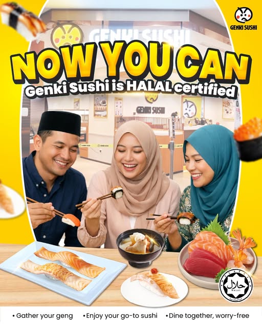 A variety of fresh sushi served at Genki Sushi.