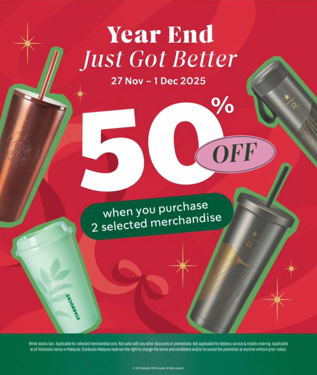 A collection of Starbucks merchandise, possibly tumblers, mugs, or bags.