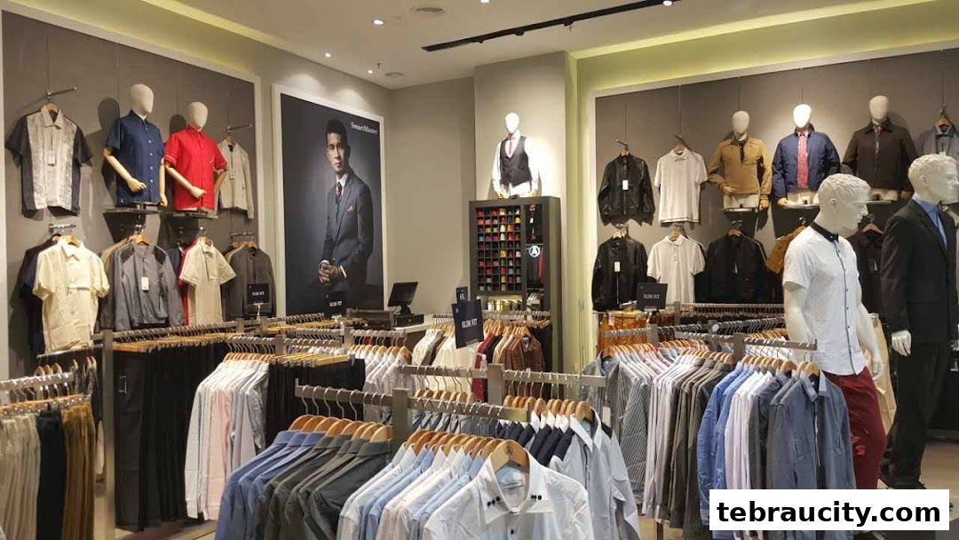 Interior view of a men's clothing store with mannequins and racks of shirts and jackets.
