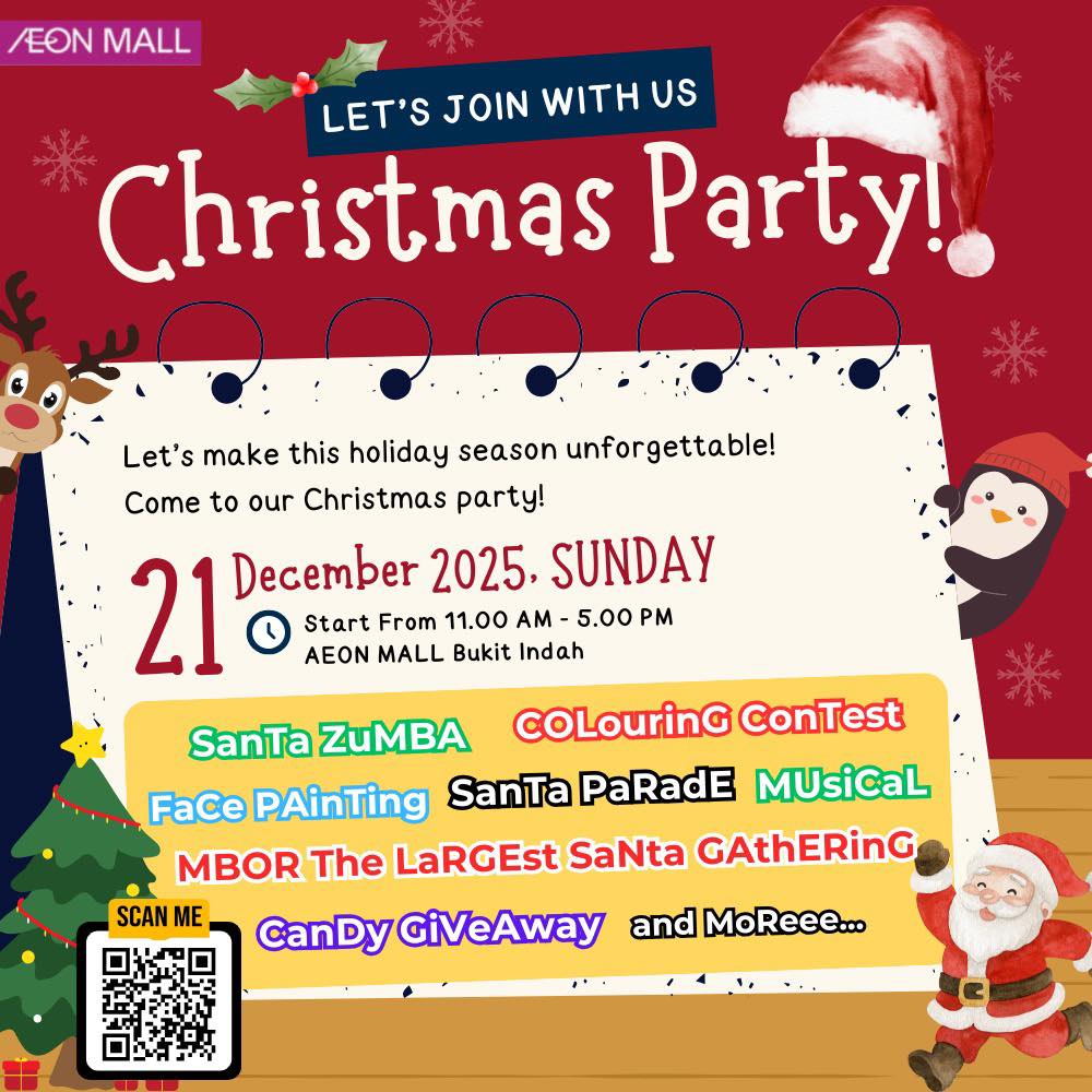 Families enjoying a festive Christmas celebration at AEON Mall Bukit Indah.