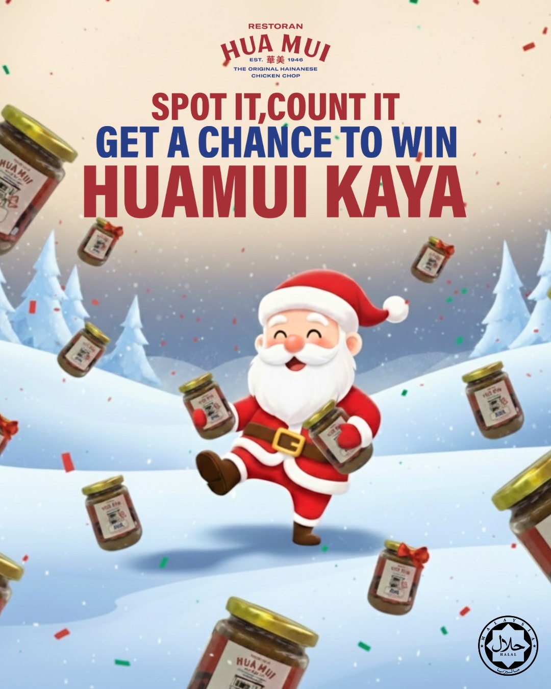 A festive Christmas scene featuring hidden Hua Mui Kaya bottles.