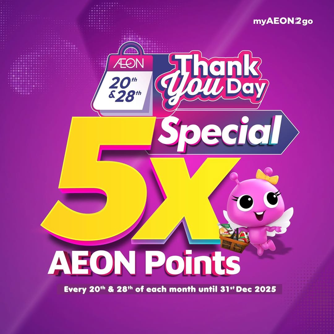 Graphic showcasing AEON's Thank You Day promotion with 5X points and festive elements