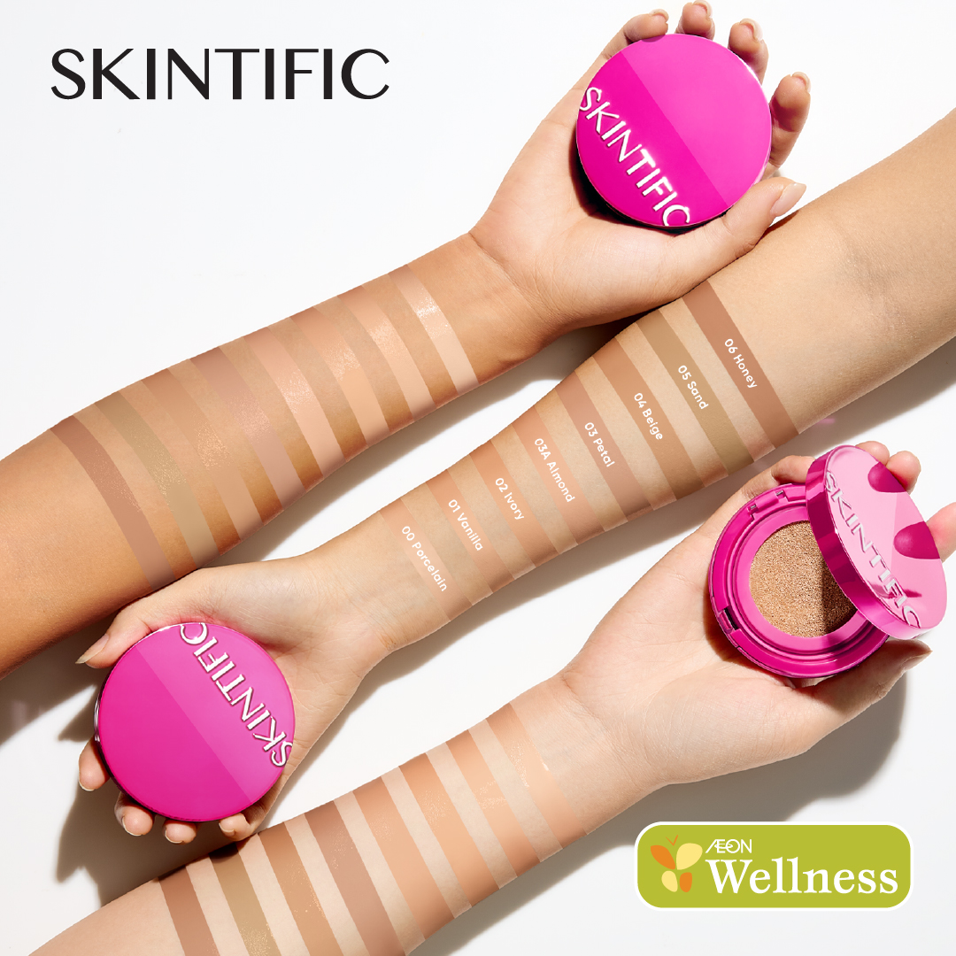 SKINTIFIC Cover Glow Perfect Cushion packaging and shade swatches