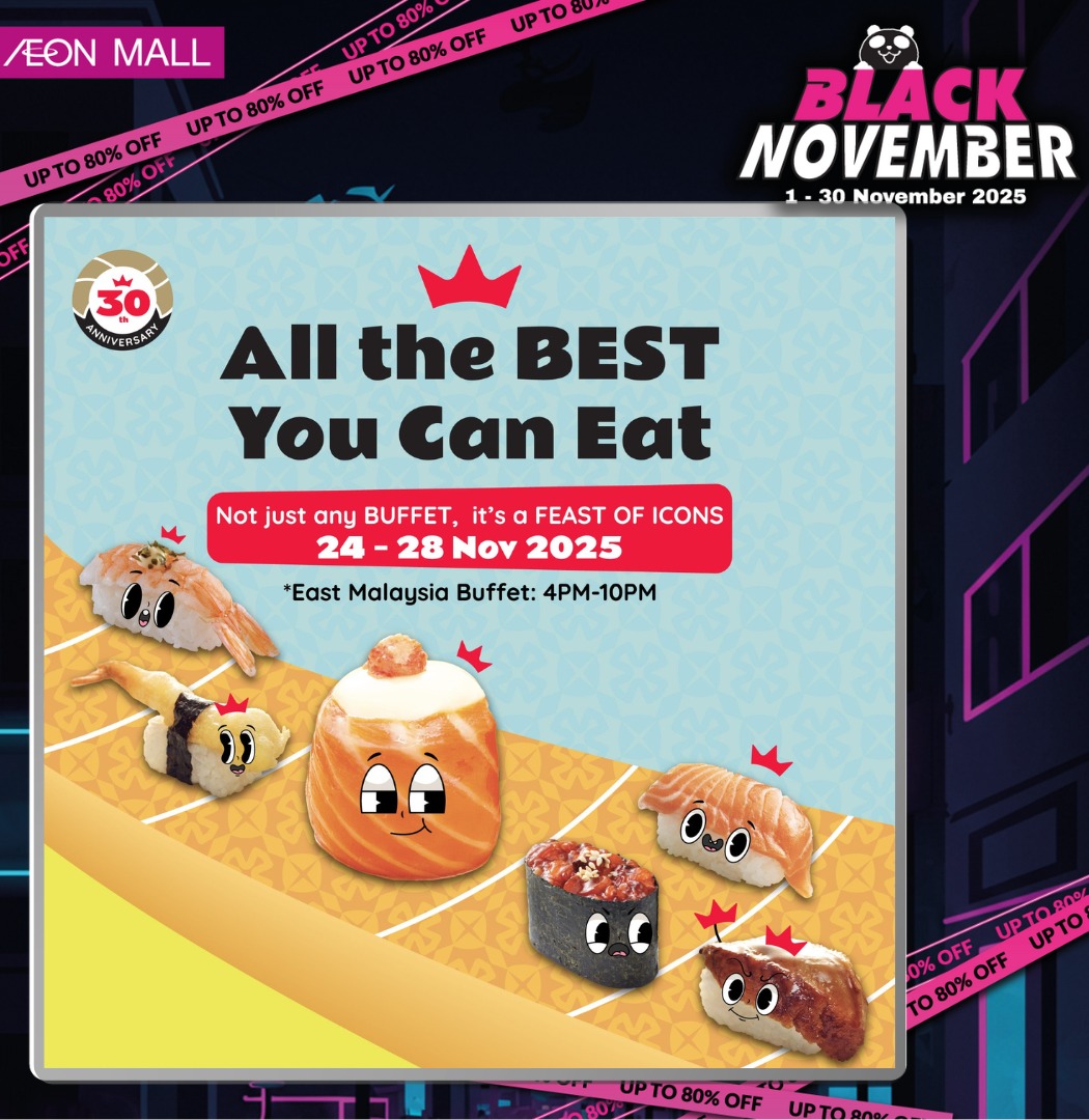 A wide angle shot of a lavish Sushi King buffet spread, featuring an assortment of colorful sushi rolls, nigiri, sashimi, and other Japanese hot dishes, ready for serving.