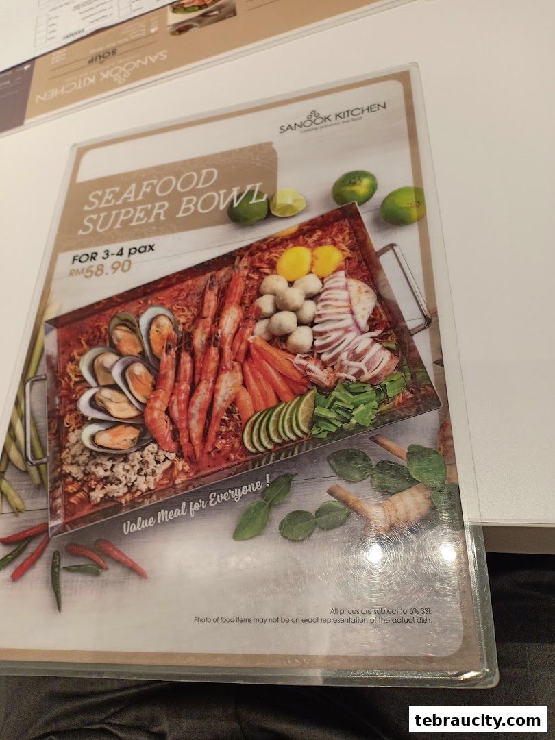A menu featuring a 'Seafood Super Bowl' for 3-4 people.