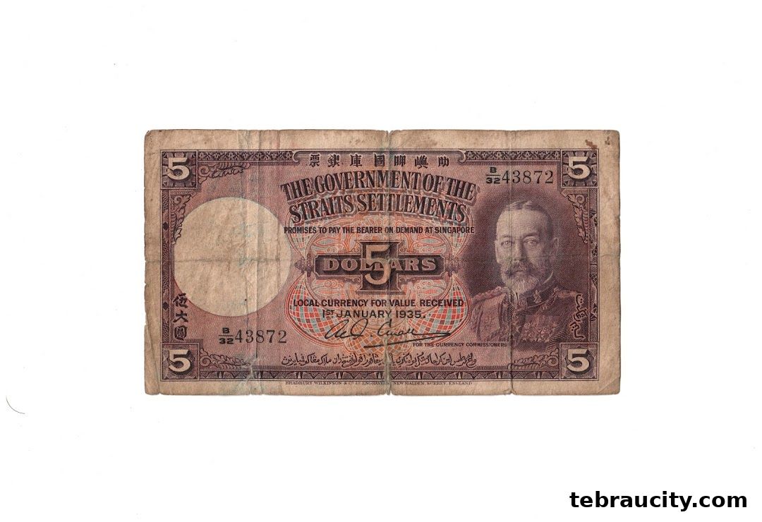 A vintage 5 dollar banknote from the Straits Settlements, dated 1935.