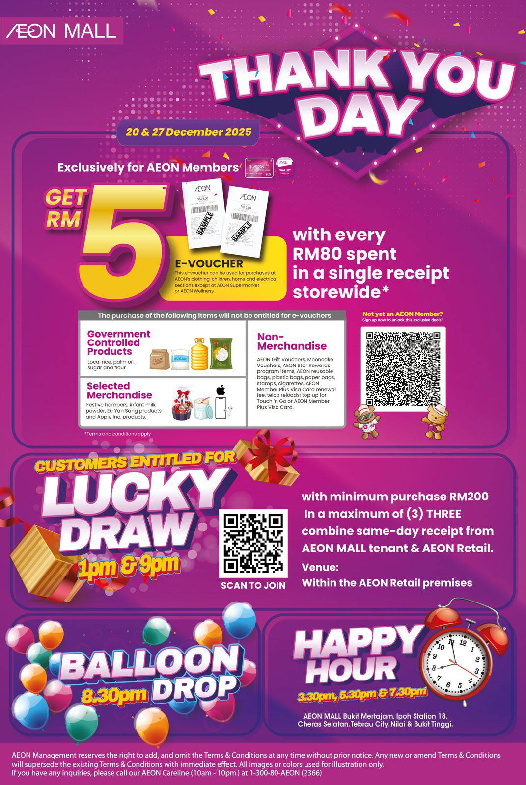 Shoppers enjoying a promotional event at AEON Mall, with a 'Thank You Day' banner in the background.