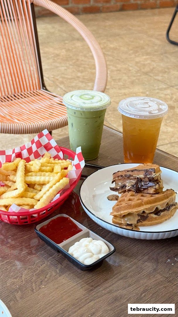 A table with waffles, french fries, dipping sauces, and two drinks.