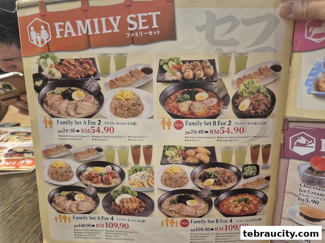 A menu showcasing various family ramen sets with accompanying dishes and drinks.