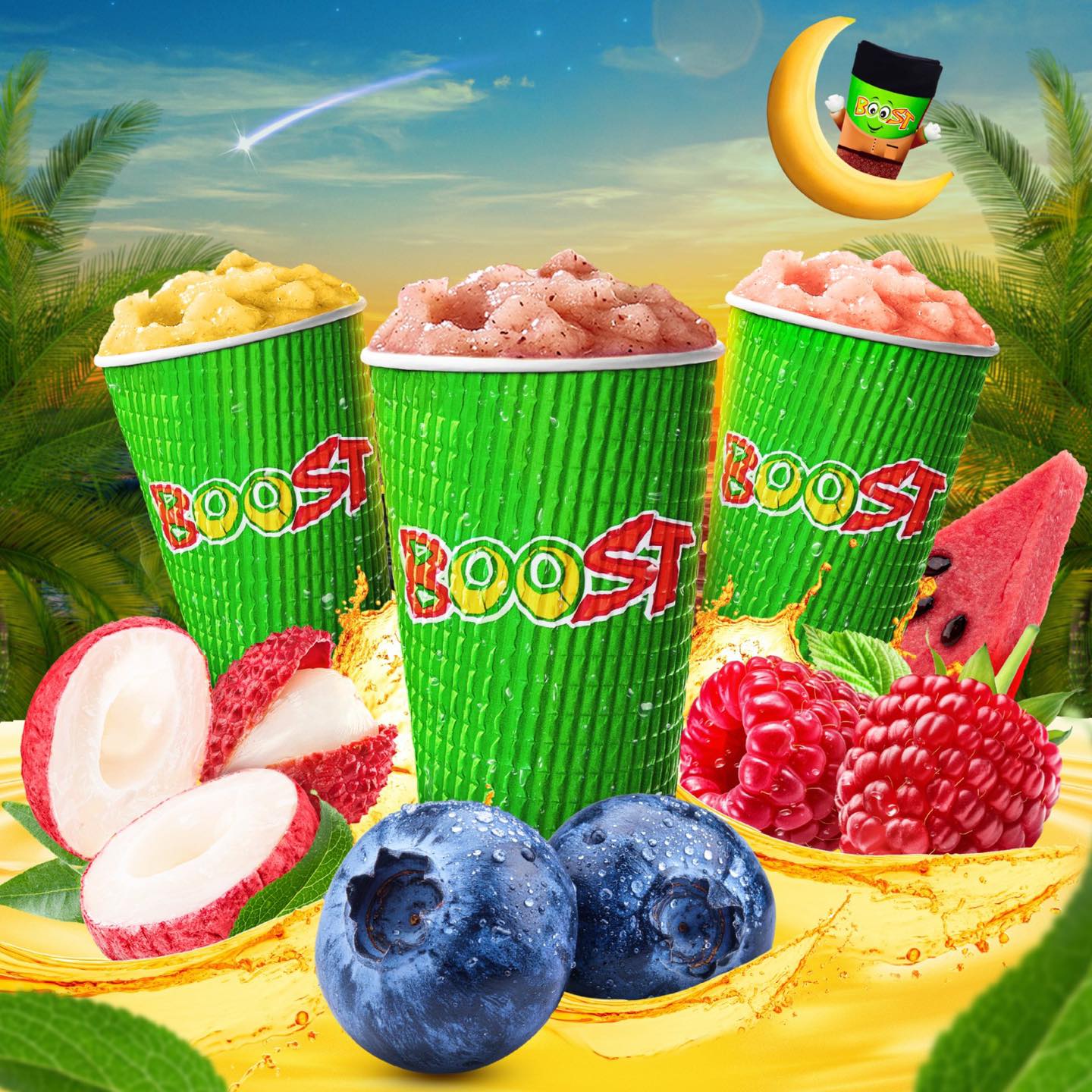 Boost Juice Ramadan promotional display and Sampul Raya