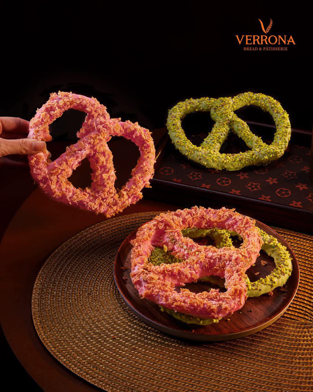 A delicious selection of Verrona's Pistachio Choco and Strawberry Crunch pretzels