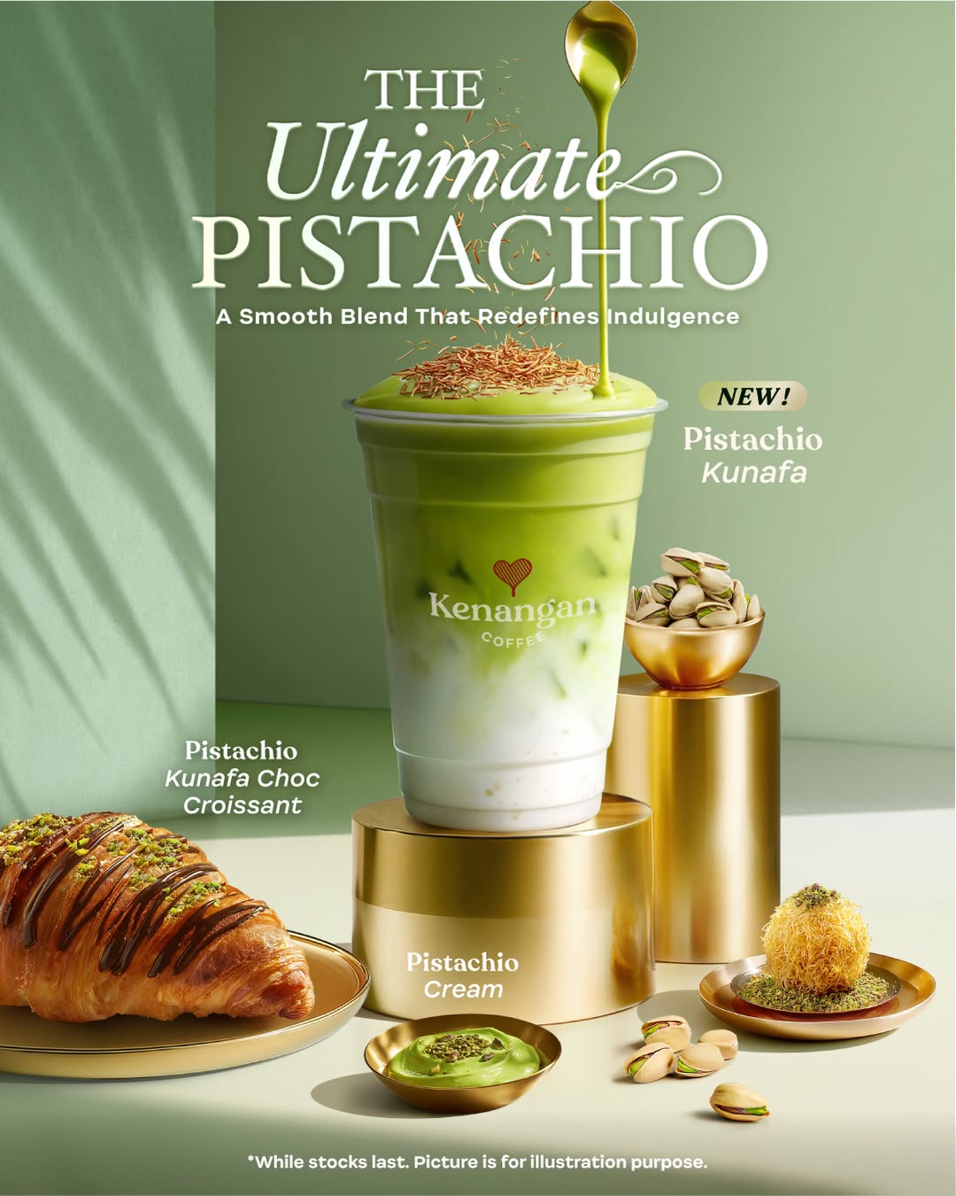 A close-up of Kenangan Coffee's new Pistachio Kunafa drink, topped with golden kunafa crisps.