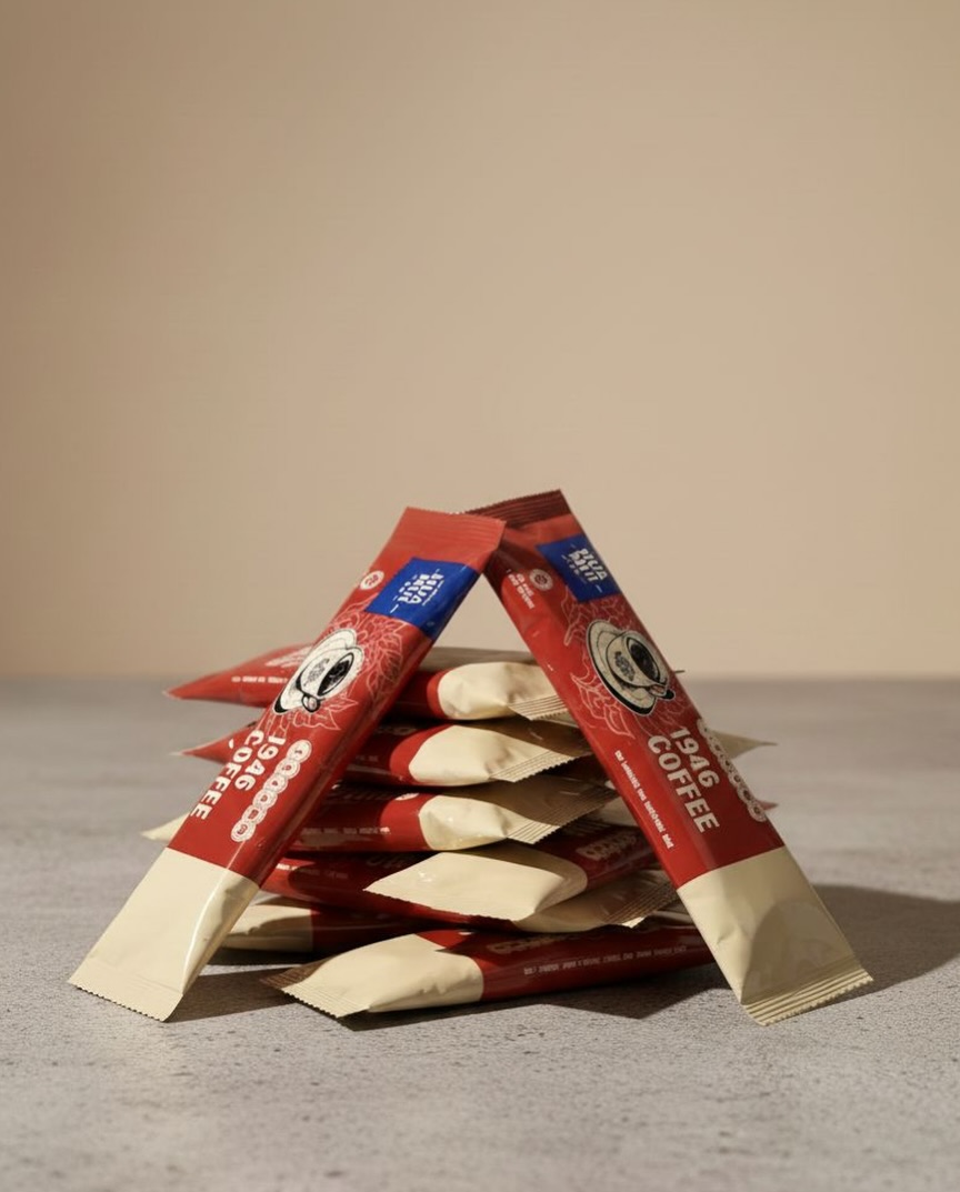 Close-up of the new Hua Mui White Coffee packages, highlighting the Creamy, Strong, and 2-in-1 variants.