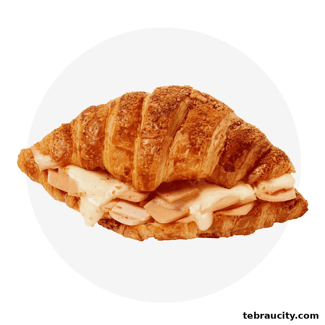 A delicious ham and cheese croissant sandwich with melted cheese.