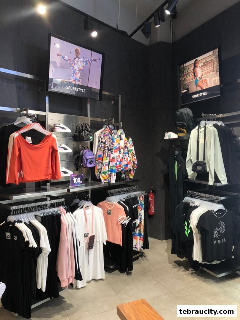 Interior view of a PUMA store showcasing various apparel and accessories on display racks.
