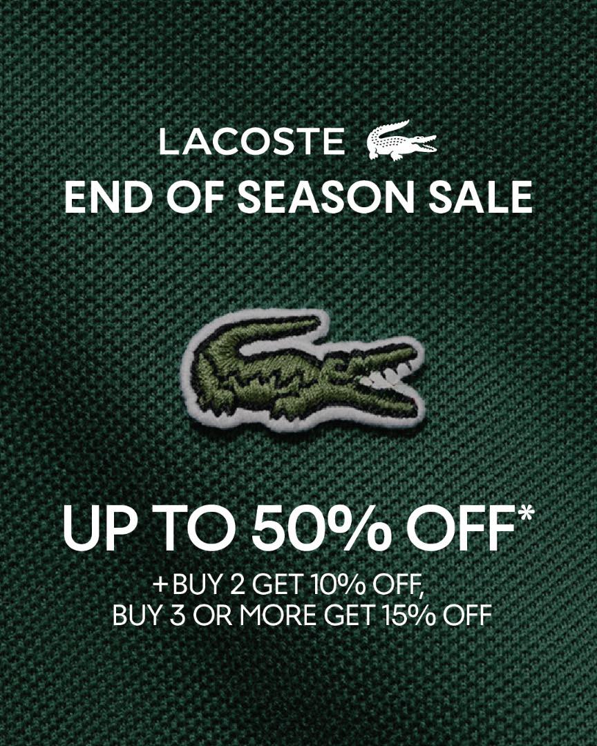 Lacoste End of Season Sale banner showcasing stylish apparel and footwear