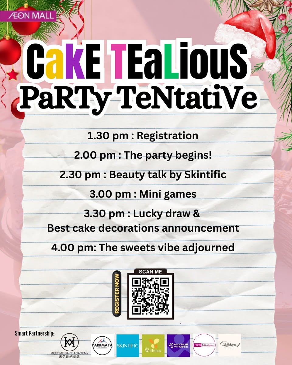 A festive cake party setup with decorations and sweet treats.