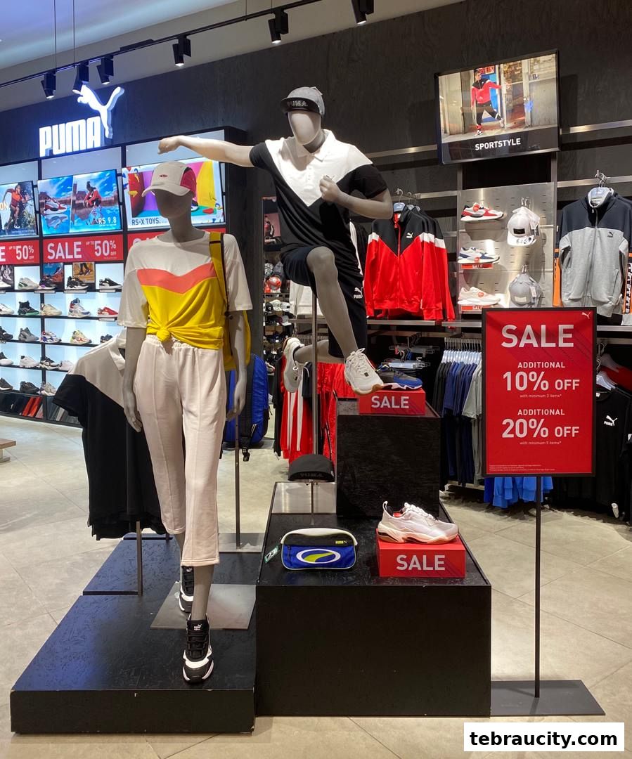 Puma store interior with mannequins showcasing sportswear and a sale sign.