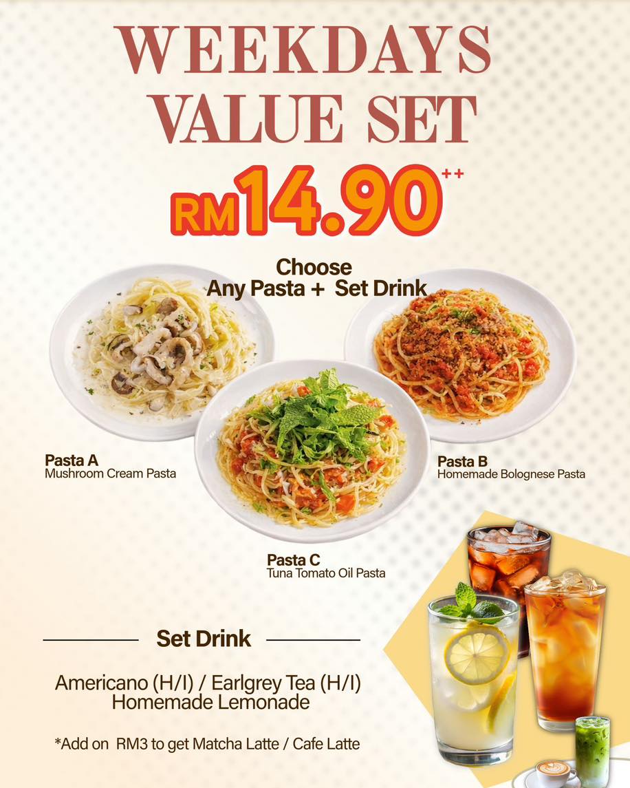 A delightful Weekday Pasta Value Set featuring a main pasta dish and a refreshing drink.