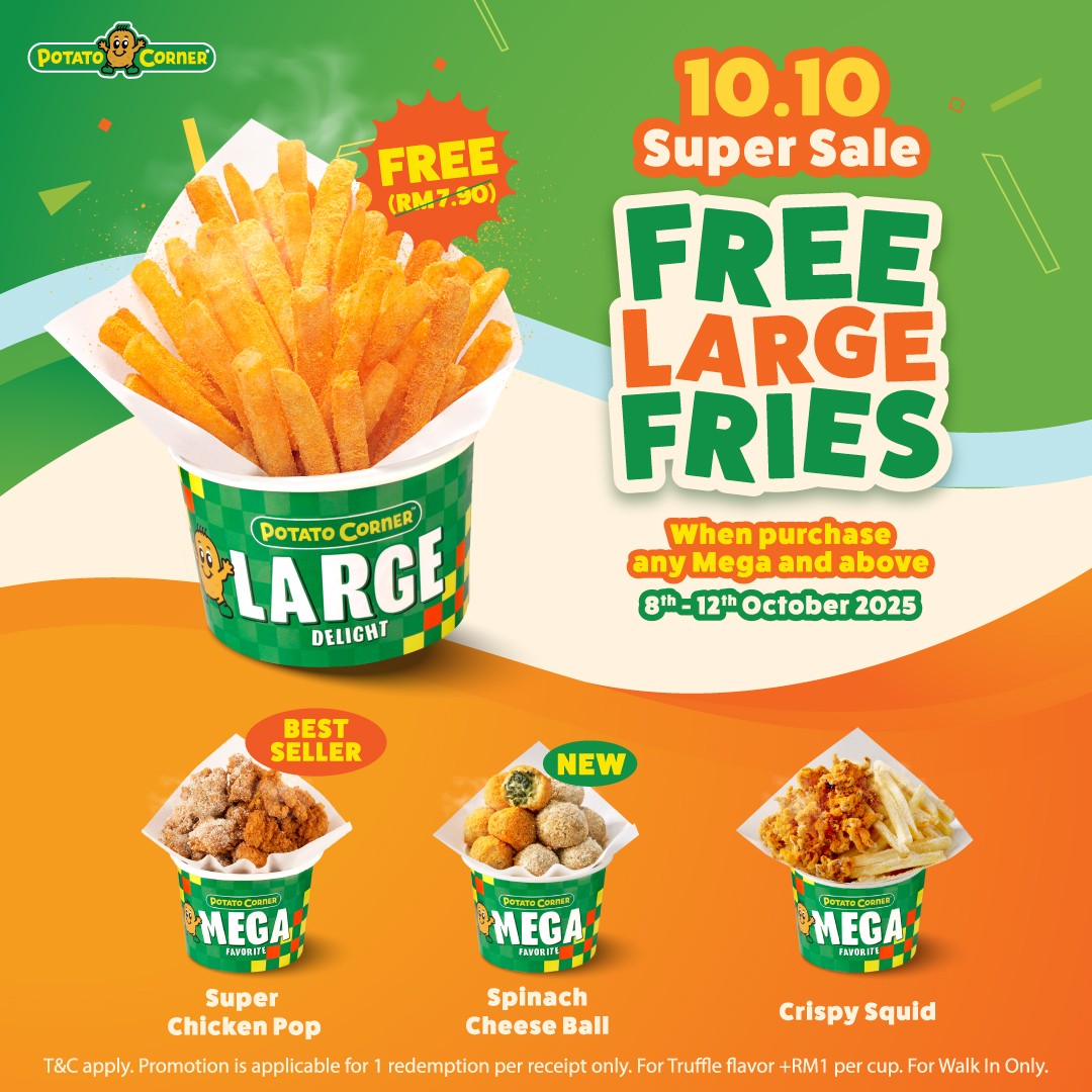 Potato Corner 10.10 Super Sale: Get a Free Large Fries with Mega size purchase