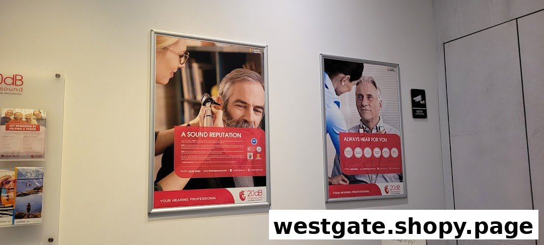 Interior view of 20dB Digisound featuring promotional posters and brochures about hearing solutions.
