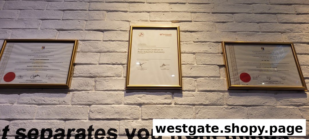 Framed audiology and industrial audiometry certificates displayed on a white brick wall.