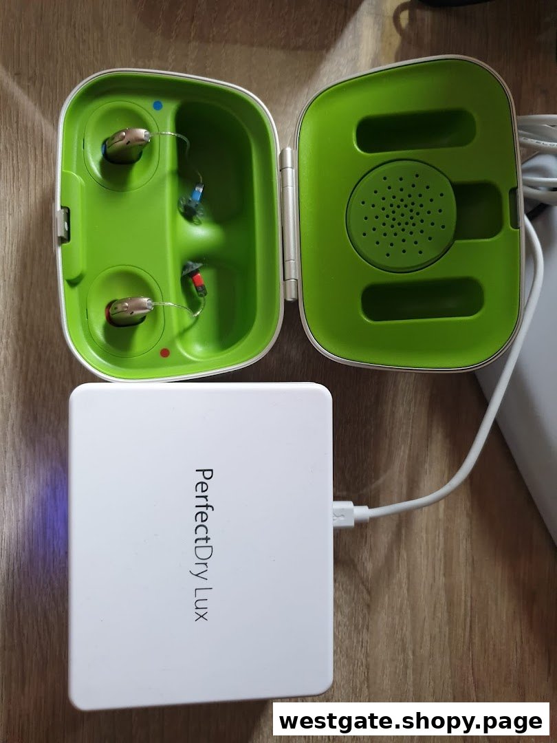 Two hearing aids in a green charging/drying case next to a white PerfectDry Lux drying unit.
