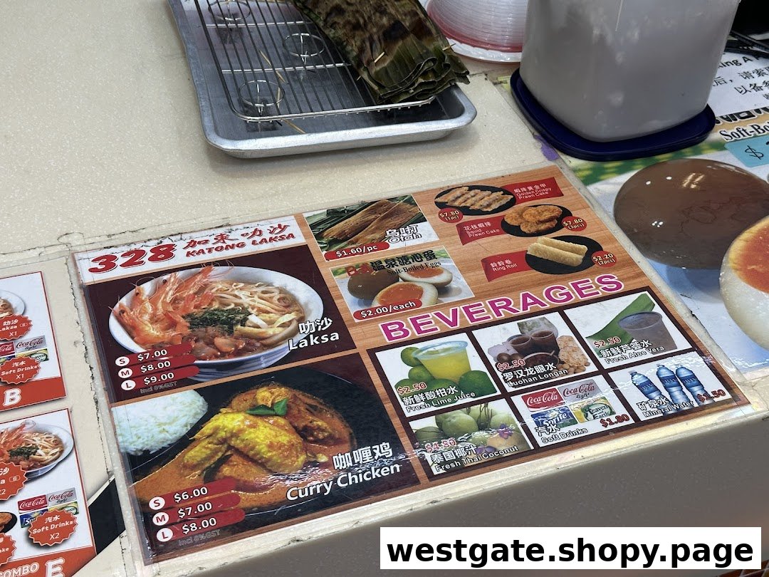 A detailed menu board for 328 Katong Laksa, showcasing their signature dishes, sides, and beverages.