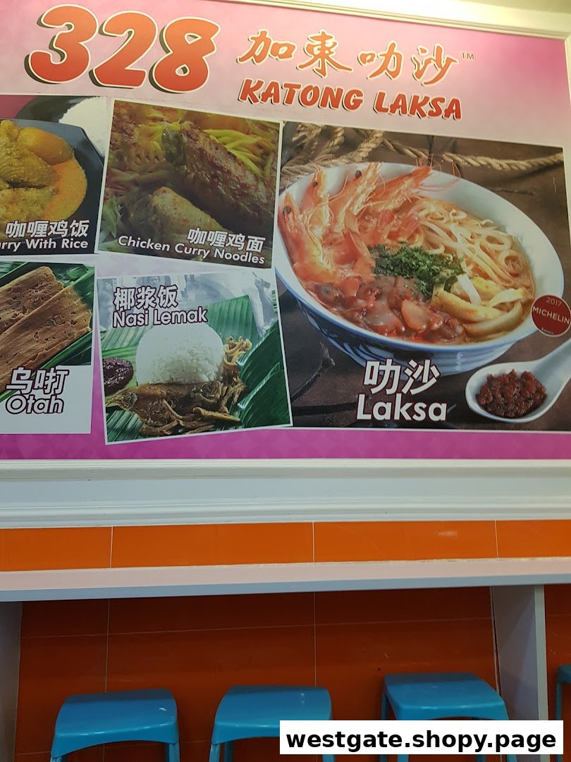 A vibrant menu board showcasing 328 Katong Laksa's signature dishes, including Laksa and Nasi Lemak.