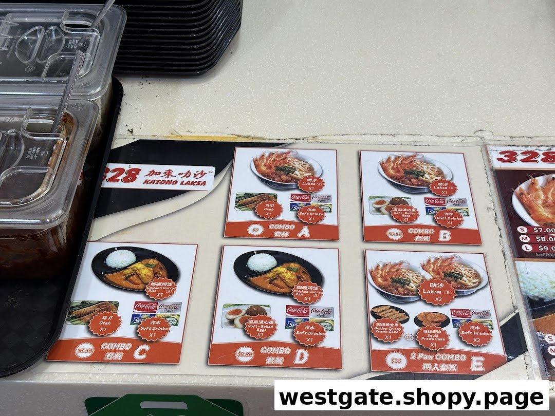 A vibrant menu display showcasing various Laksa and Chicken Curry Rice combos with drinks and sides.