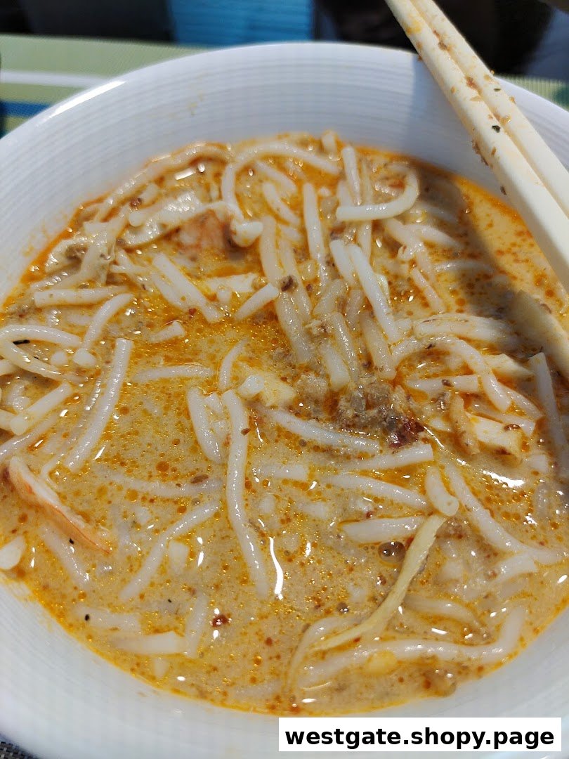 A close-up of a delicious bowl of Katong Laksa with thick rice noodles and rich broth.