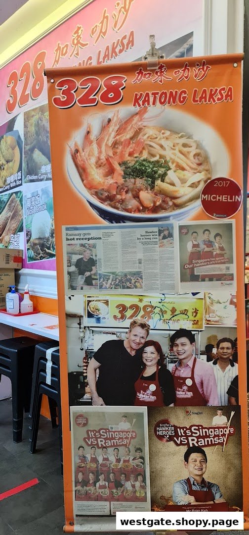 A promotional banner for 328 Katong Laksa, highlighting its Michelin recognition and celebrity encounters.