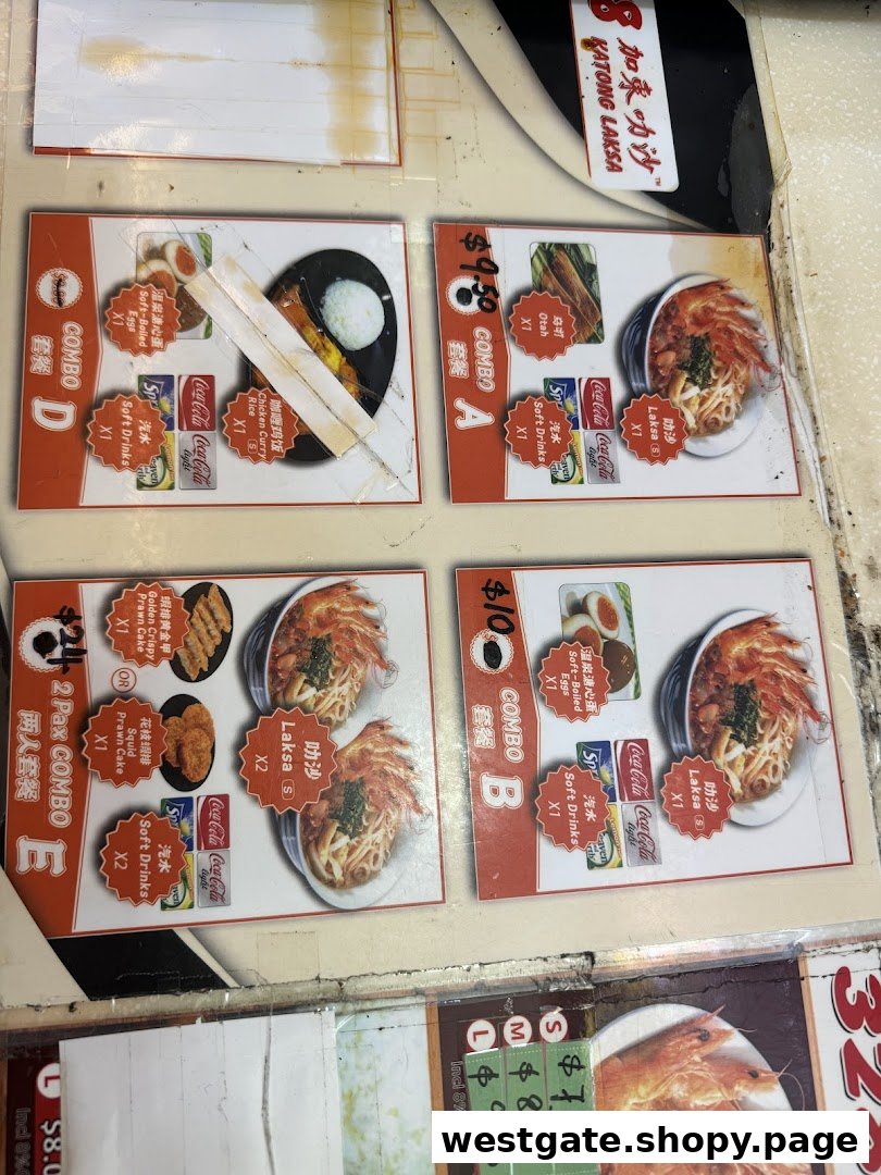 A detailed menu board displaying various laksa combos, prices, and side dishes.