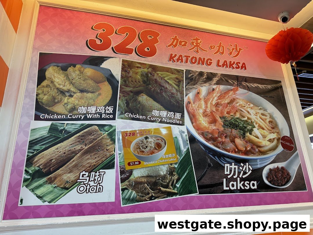 A vibrant display board showcasing popular dishes and prices from 328 Katong Laksa, including their famous Laksa.
