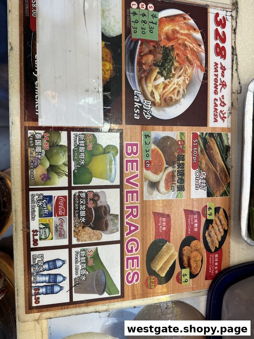 A detailed menu board displaying various Laksa dishes, side orders, and beverages with prices.