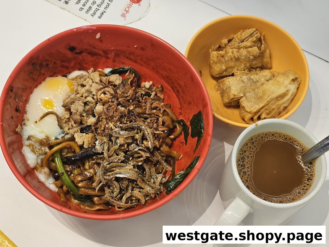 A hearty bowl of Teochew noodles with egg, anchovies, minced meat, fried beancurd, and coffee.