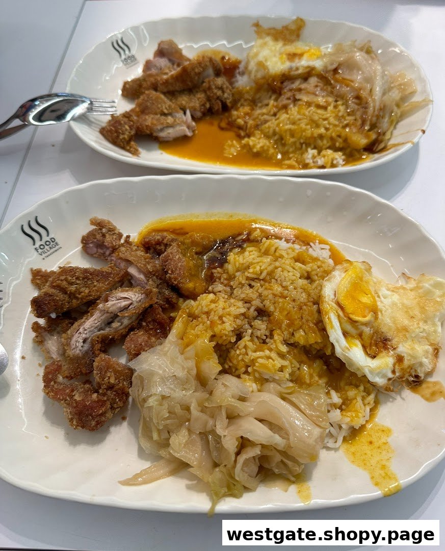 Two plates of crispy fried chicken cutlet with rice, gravy, braised cabbage, and a fried egg.